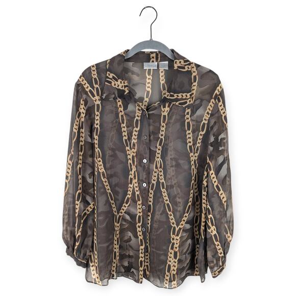 Vintage Spiegel‎ Brown Chain Print Silk Sheer Mesh Collared Button Down Blouse - Picture 1 of 7